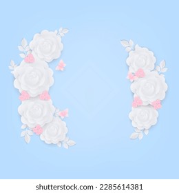 Wreath of white rose with leaf and butterfly on blue background. Paper cut and craft design. Vector illustration.