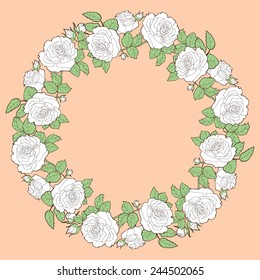 Wreath of white roses. Round floral frame. Vector illustration
