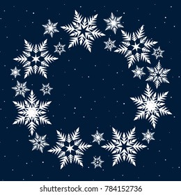 wreath of white snowflakes circle winter night cosmos dark blue sky stars christmas new year vector.