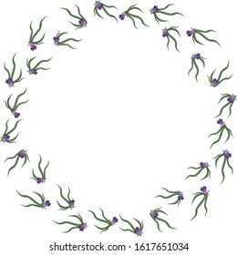 Wreath with wild blue flowers. Spring wild bells. Template for spring card with place for inscription, text, lettering. Round dance of fantastic floristic creatures.