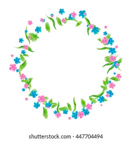 a wreath of wild flowers blue and pink handmade style