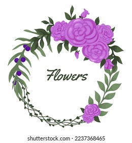 Wreath of wild flowers. Cute wreath with green branches and leaves, ranunculus. Wild herbs round frame