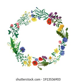 Flor de flores silvestres, hierbas de estilo botánico aisladas en blanco. Marco floral redondo con plantas de campo para la decoración de invitaciones, tarjetas, afiches. Plantilla de banner de Botany. Ilustración vectorial.