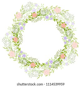 Wreath of wild flowers with leaves. A floral round frame with a place for your text. Suitable for greeting cards, wedding invitations, promotional leaflets