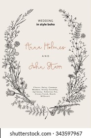 The wreath of wild flowers. Wedding invitation in the style of boho. Vector vintage illustration.