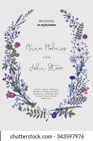 The wreath of wild flowers. Wedding invitation in the style of boho. Vector vintage illustration.