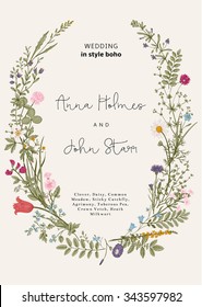 The Wreath Of Wild Flowers. Wedding Invitation In The Style Of Boho. Vector Vintage Illustration.