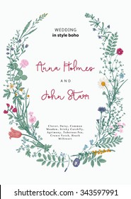 The wreath of wild flowers. Wedding invitation in the style of boho. Vector vintage illustration.