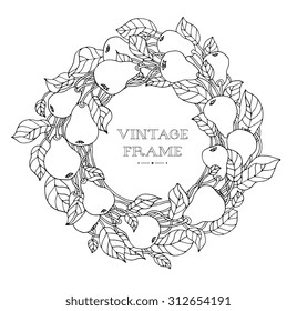 Wreath of wild forest pears. Vector. Hand drawn artwork. Love concept for wedding invitations, cards, tickets, congratulations, branding, boutique logo, label. Black and white