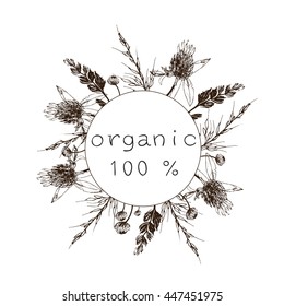  wreath of wild herbs and flowers isolated on white background. sketch. 100 % organic