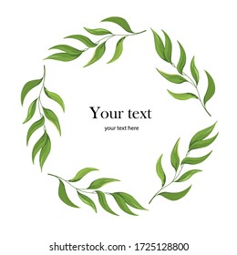 Wreath with wild leaves. Green foliage on a white background. Decorative wreath. Round flower frame with space for your text, quote or logo, summer or spring design. Vector illustration.
