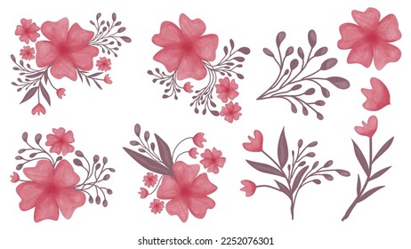 Wreath, Wild pink flowers and garden plant watercolor collection. Flowers arrangement, decorative leaves and flowers. suitable for wedding invitation, card design, etc.