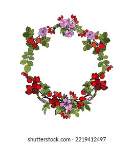 Wreath with wild rose branch, leaf, flower and berry.