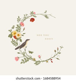 Wreath with wild roses and nightingale. See you soon. Vector floral illustration. Rococo