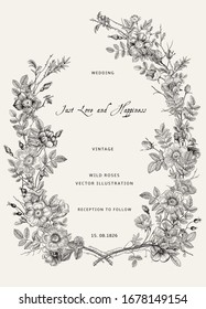 Wreath With Wild Roses. Wedding Invitation. Vector Vintage Floral Illustration. Black And White