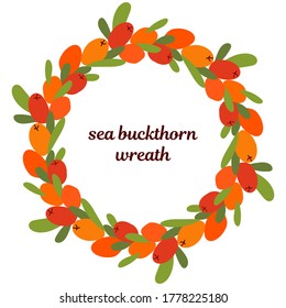 wreath of wild sea buckthorn berries and leaves on a white background. modern abstract design for packaging, print for clothes, fabric, for postcards