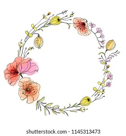 Wreath with wildflores and poppies, vector hand drawn illustration in vintage watercolor style. 