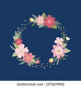 Wreath of wildflowers background. Summer decor frame. Vector illustration. Design element for invitations, greeting cards, cosmetic and other.