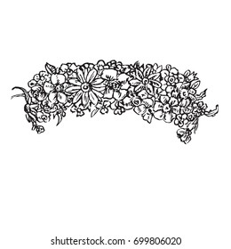 Wreath of wildflowers, daisies and poppies, hand drawn doodle, sketch in woodcut style, black and white vector illustration