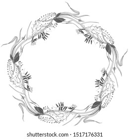 Wreath with wildflowers and herbs on white. Round frame with space for text. Invitation, greeting card or an element for your design. Vector. Silhouette.