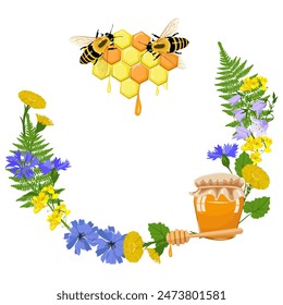 Wreath with wildflowers, honeycombs and bees. Vector illustration.