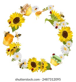 Wreath with wildflowers, jar of honey, ladybugs and bees on a isolated background. Vector illustration. With space for your text.