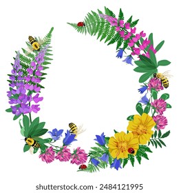 Wreath with wildflowers, ladybugs and bees on a isolated background. Vector illustration. With space for your text.