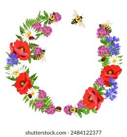 Wreath with wildflowers, ladybugs and bees on a isolated background. Vector illustration. With space for your text.