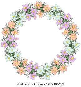 A wreath of wildflowers. Line art. Decorative isolated element for design.