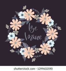 Wreath of wildflowers on grey background. Spring summer decor frame. Vector illustration. Design element for invitations, greeting cards, cosmetic and other.