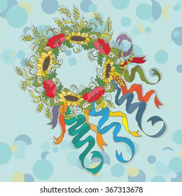 wreath of wildflowers. Sunflowers and poppys. Vector illustration