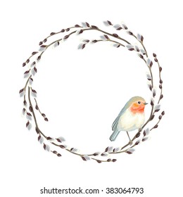 Wreath of Willow branches and bird Robin, vector illustration.