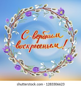Wreath of Willow branches pasque and galanthus on blurred spring sky background. Vector illustration with lettering. Greeting card with Russian holiday. Russian translation:With Palm Sunday. Holiday