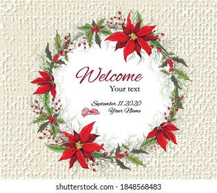 a wreath of winter flowers (poinsettia, white mistletoe, Holly), a realistic element drawn by hand, a composition of a bouquet in the form of a circle. decorations for seasonal cards, posters