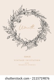 Wreath with winter plants. Invitation card with evergreens and berries. Botanical vector illustration. Black and white.