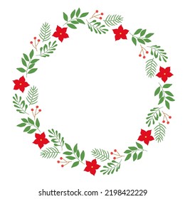 Wreath with winter twigs, berries and poinsettia flowers. Template for Christmas greeting card, invitation, poster, banner, print. Isolated vector illustration