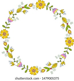 Wreath with yellow doodle flowers.Vector hand draw illustration EPS10 for congratulations. Celebrate happy mood vector  illustration.