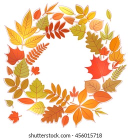 Wreath of yellow flora elements. Round frame with autumn leaves, circle shape template. Vector stock illustration.