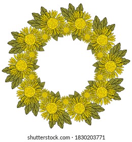 A wreath of yellow flowers and green leaves, bright flowers with small petals and a black contour outline, arranged in the form of a round frame, vector illustration for design nad creativity