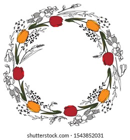 a wreath of yellow and red tulips, graphics, vector, will look great on invitations and cards