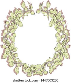 A wreath of young apple tree branches. An Apple. Tree branches are young apple trees. Vector graphics, hand drawing.