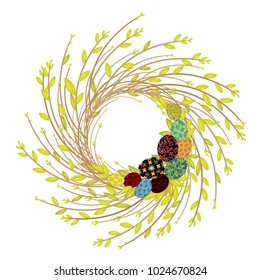 Wreath from young willow branches. The composition is decorated with beautiful painted Easter eggs. Symbol of Easter and spring. Vector illustration.