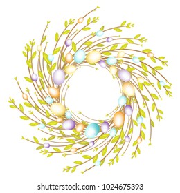 Wreath from young willow branches. The composition is decorated with beautiful Easter eggs. The symbol of spring and Easter. Vector illustration.