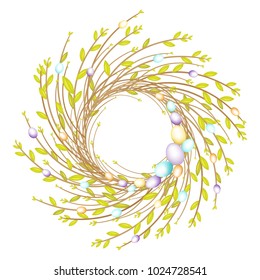 Wreath from young willow branches. The composition is decorated with beautiful Easter eggs. Symbol of spring and Easter. Vector illustration.