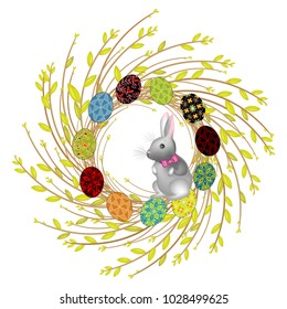 
Wreath from young willow branches. The composition is decorated with beautiful Easter eggs. Inside is a rabbit. Symbol of spring and Easter. Vector illustration.
