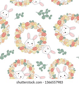 Wreath from young willow branches. Seamless pattern with decorated eggs and beautiful Easter wreath. The symbol of spring and Easter. 