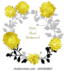 Wreath-frame of yellow asters with leaves and stems on a white background.Vector floral background.