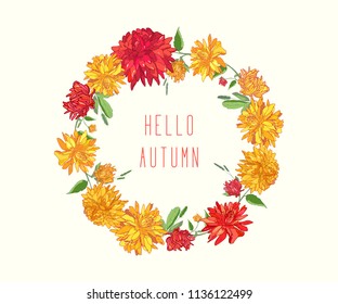 Wreath-frame of yellow asters with leaves and stems on a white background. the inscription inside Hello autumn. decor, wedding, invitation, banner, decoration, flyer. Vector floral background.