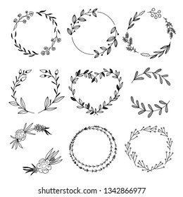 Wreaths and botanical frames on white background. Hand sketched nature elements for decoration greeting cards and wedding invitations