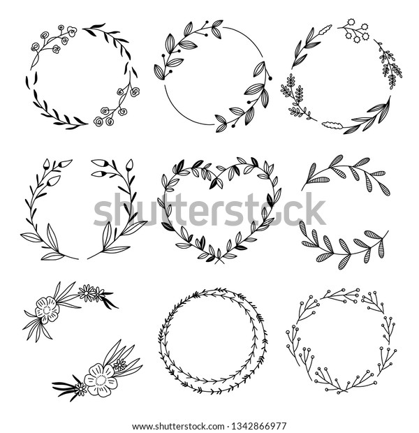 Wreaths and botanical frames on white\
background. Hand sketched nature elements for decoration greeting\
cards and wedding\
invitations